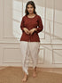 Women's Maroon Cambric Cotton Shirt Style Kurta With White Cambric Dhoti Pants Yoga Set