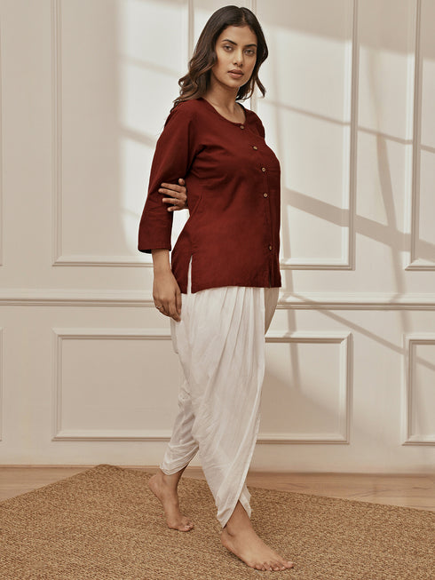 Women's Maroon Cambric Cotton Shirt Style Kurta With White Cambric Dhoti Pants Yoga Set