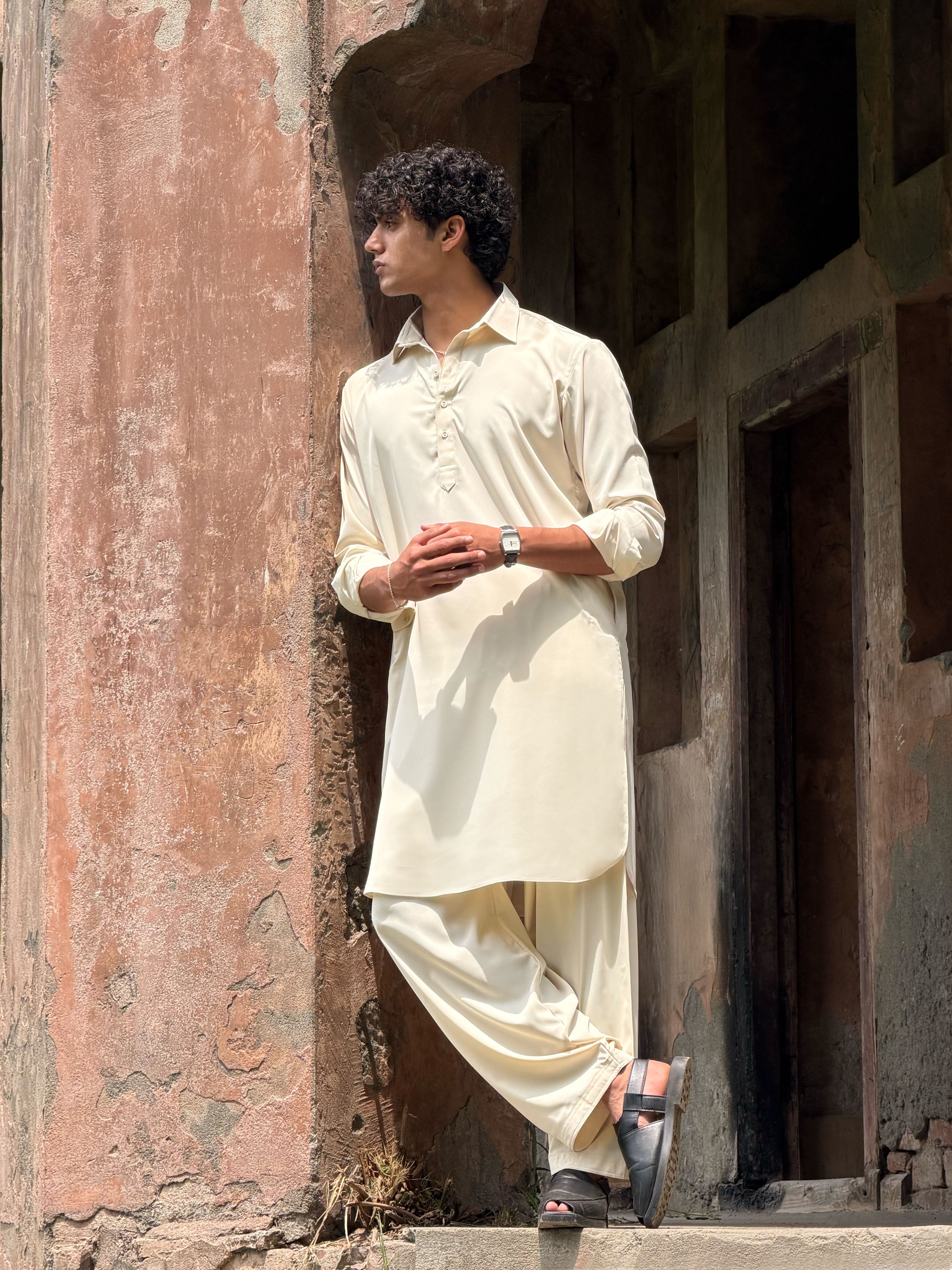 Men's Cream Solid Silk Blend Pathani Kurta with Patiala Pyjama Set