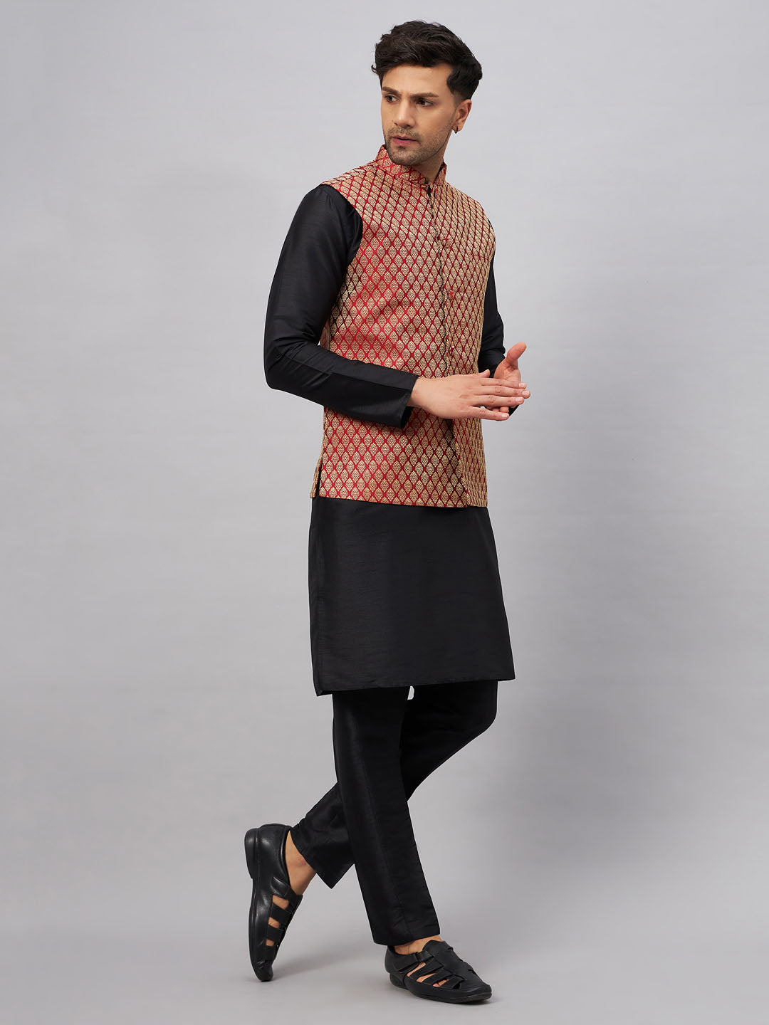 Men's Maroon Silk Blend Jacket With Kurta Pant Set