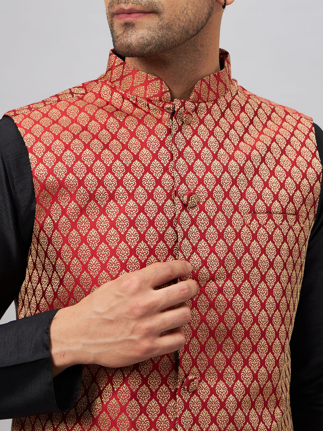 Men's Maroon Silk Blend Jacket With Kurta Pant Set