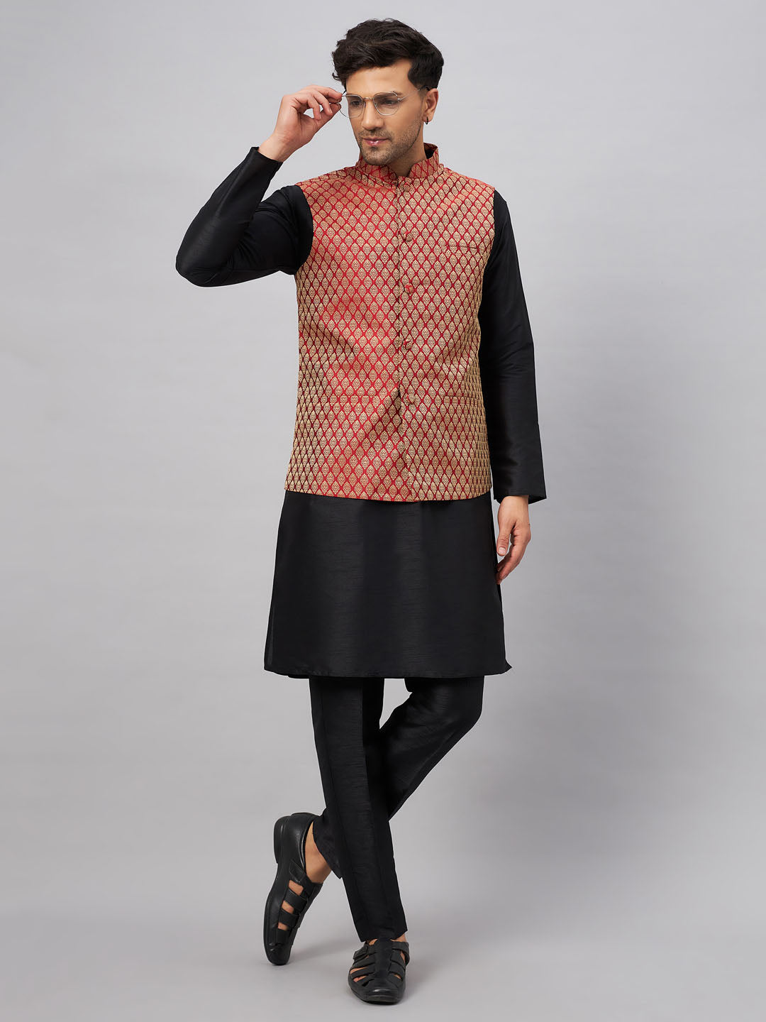 Men's Maroon Silk Blend Jacket With Kurta Pant Set