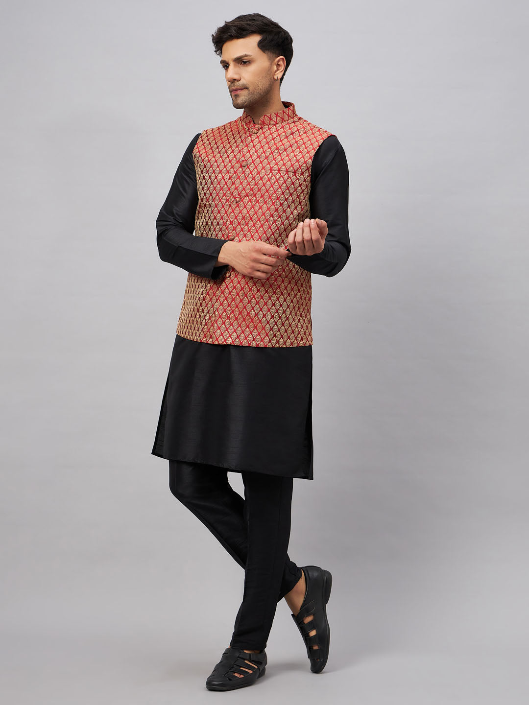 Men's Maroon Silk Blend Jacket With Kurta Pant Set