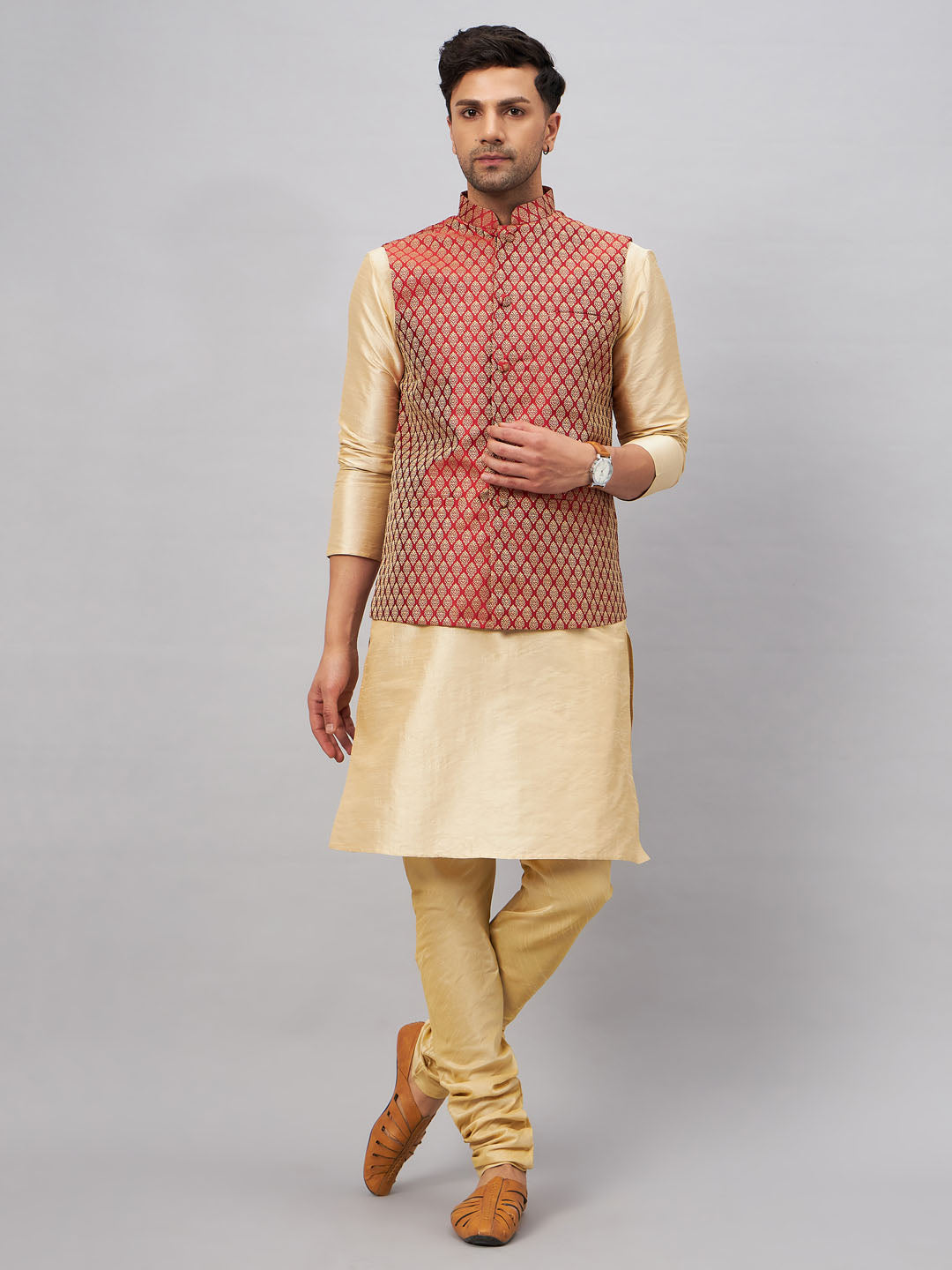 Men's Maroon Silk Blend Jacket With Kurta Pyjama Set