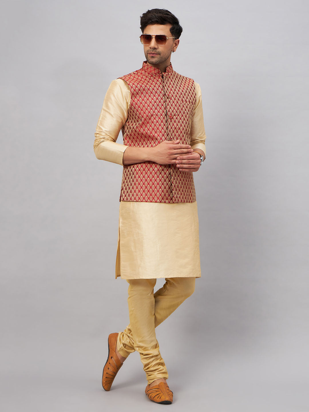 Men's Maroon Silk Blend Jacket With Kurta Pyjama Set