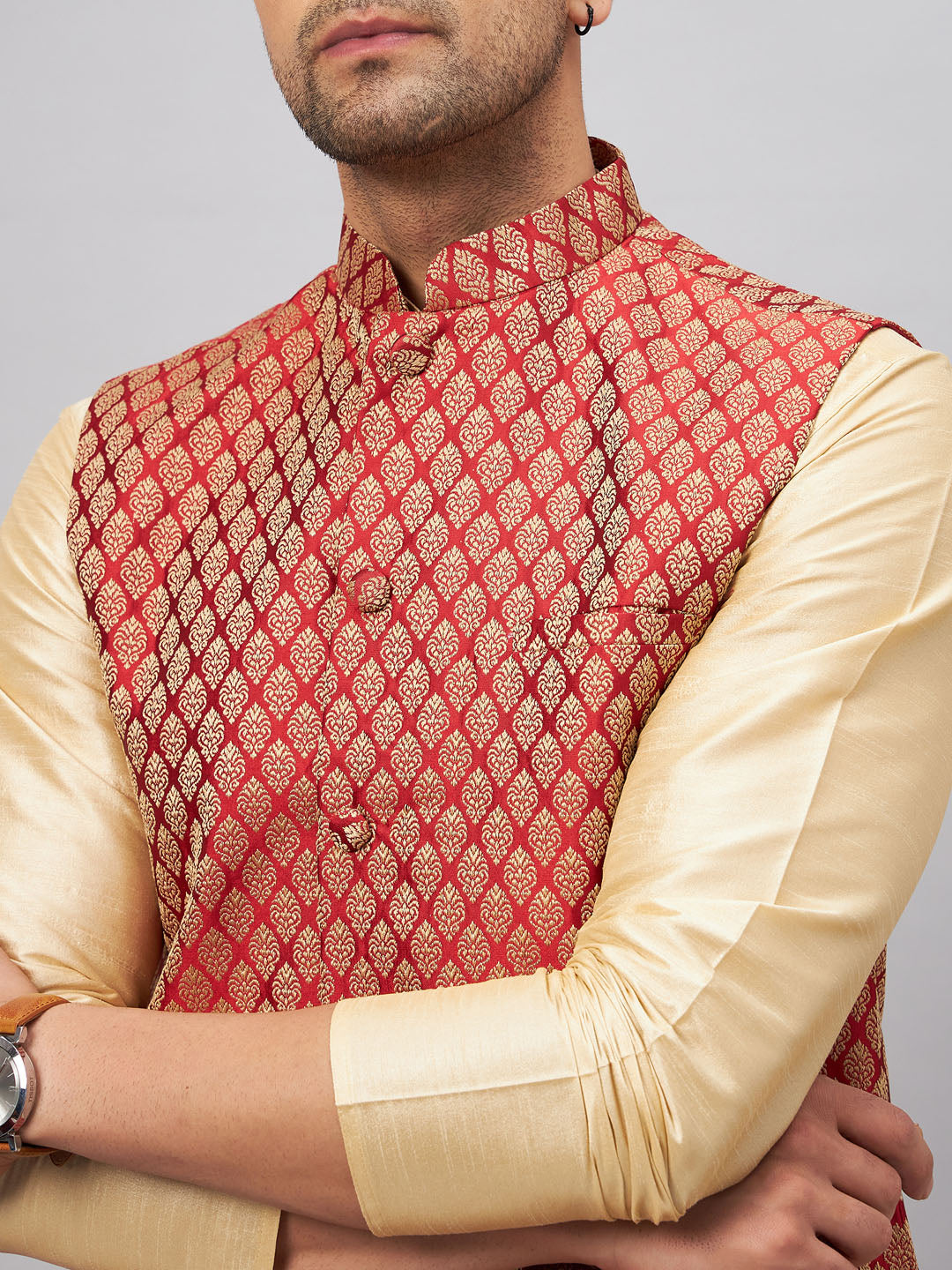 Men's Maroon Silk Blend Jacket With Kurta Pyjama Set