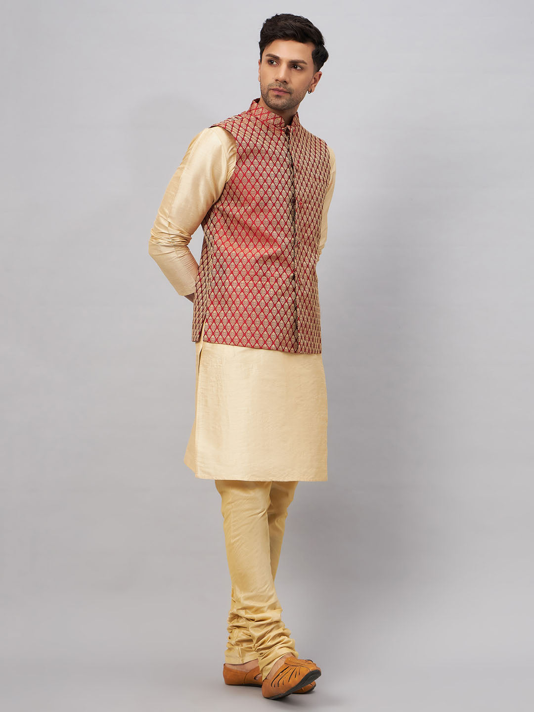 Men's Maroon Silk Blend Jacket With Kurta Pyjama Set