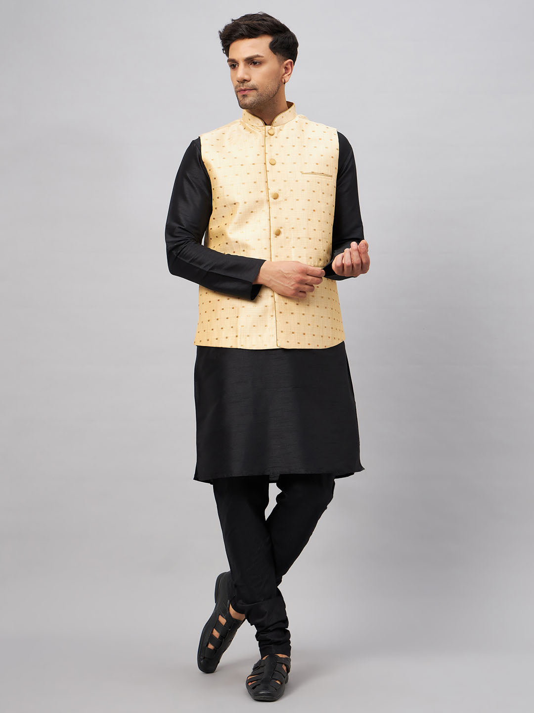 Men's Gold Zari Weaved Jacket With Kurta Pyjama Set