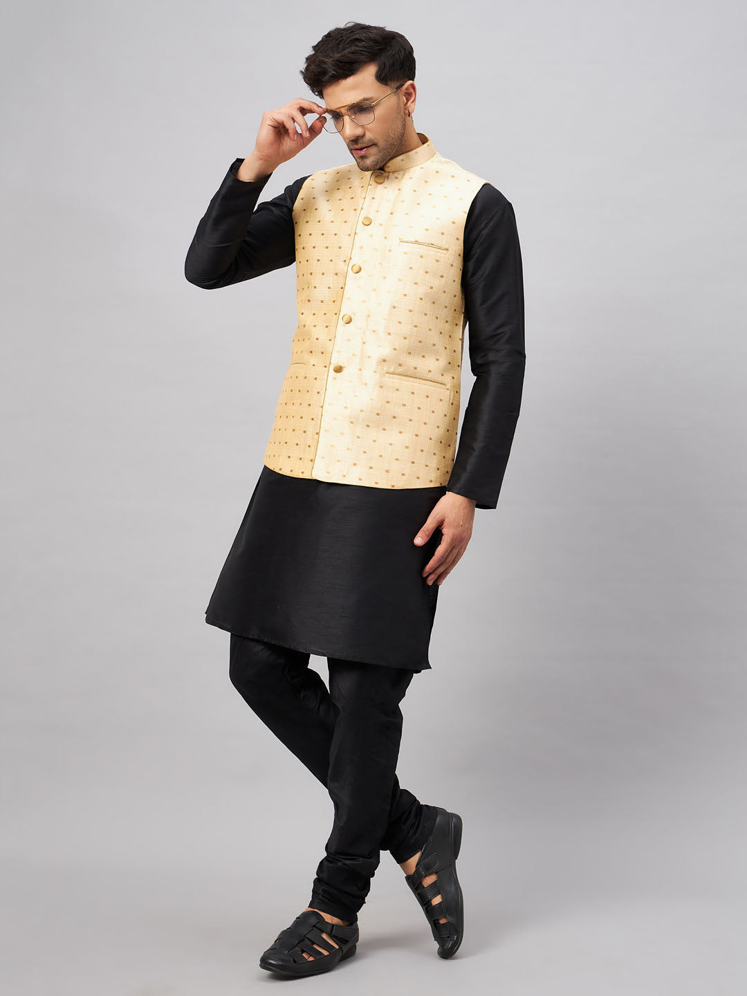 Men's Gold Zari Weaved Jacket With Kurta Pyjama Set