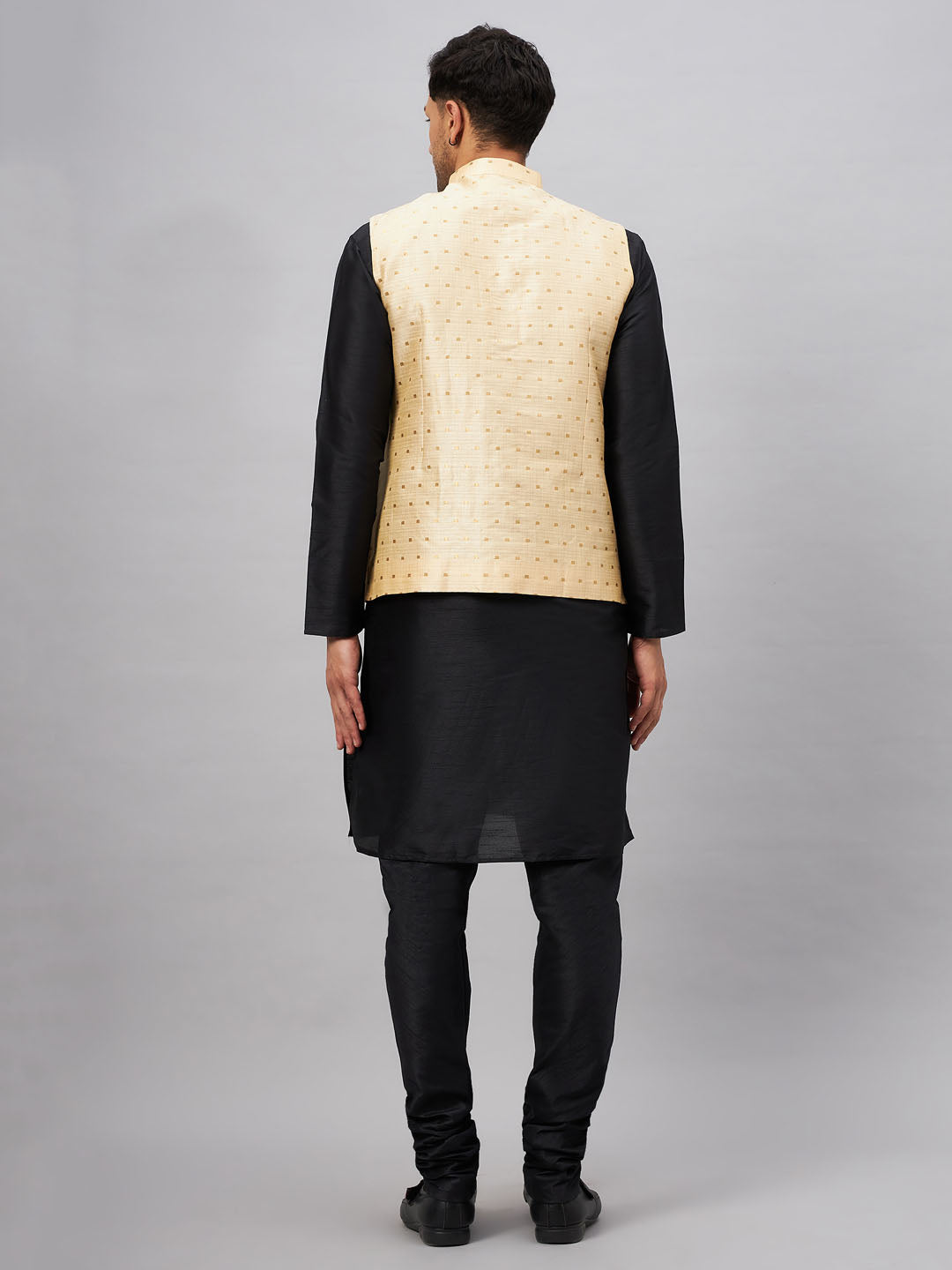 Men's Gold Zari Weaved Jacket With Kurta Pyjama Set