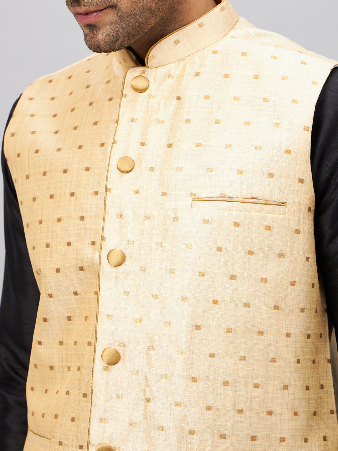Men's Gold Zari Weaved Jacket With Kurta Pyjama Set