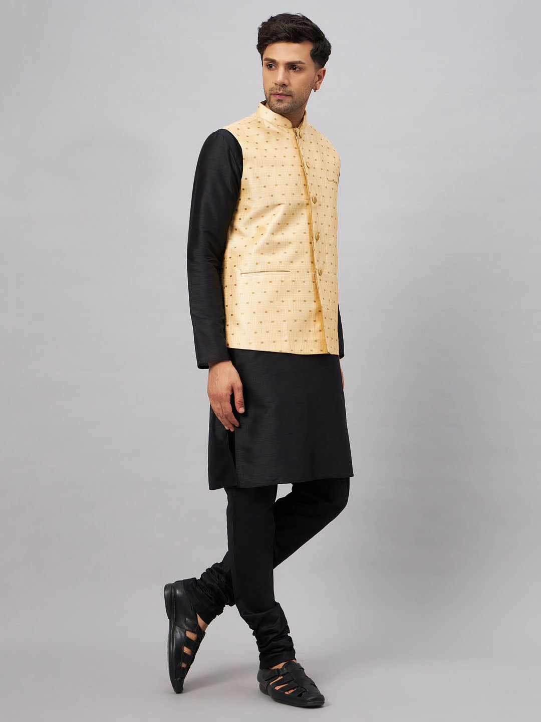 Men's Gold Zari Weaved Jacket With Kurta Pyjama Set