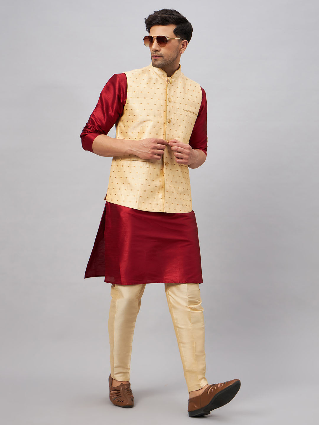 Men's Gold Zari Weaved Jacket With Kurta Pant Set
