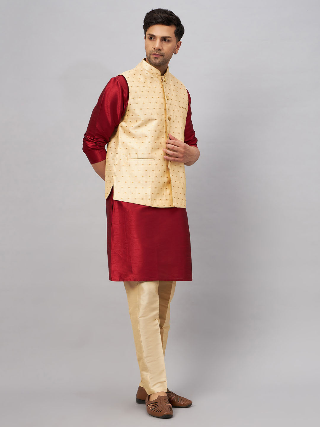 Men's Gold Zari Weaved Jacket With Kurta Pant Set