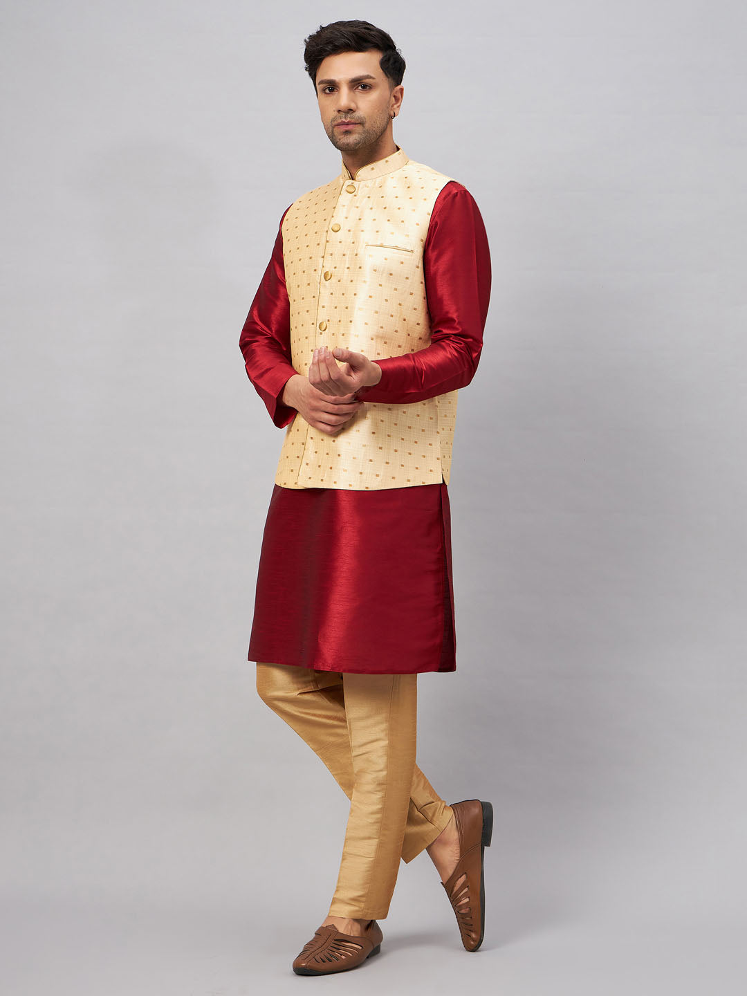 Men's Gold Zari Weaved Jacket With Kurta Pant Set