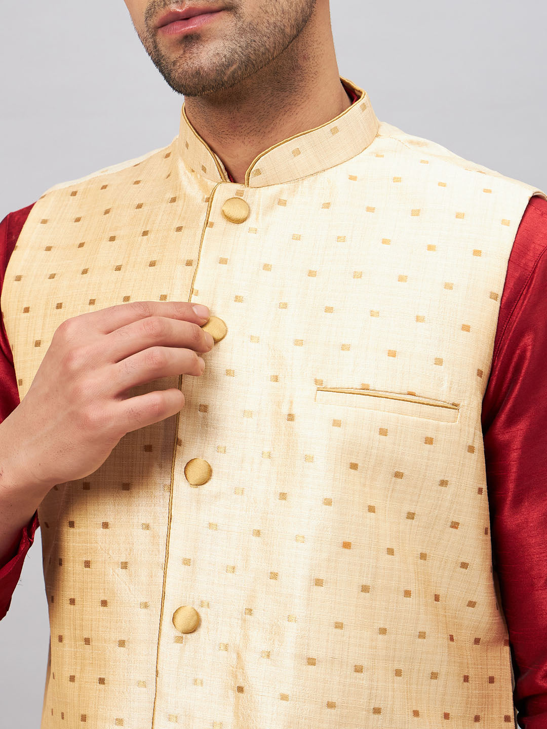 Men's Gold Zari Weaved Jacket With Kurta Pant Set