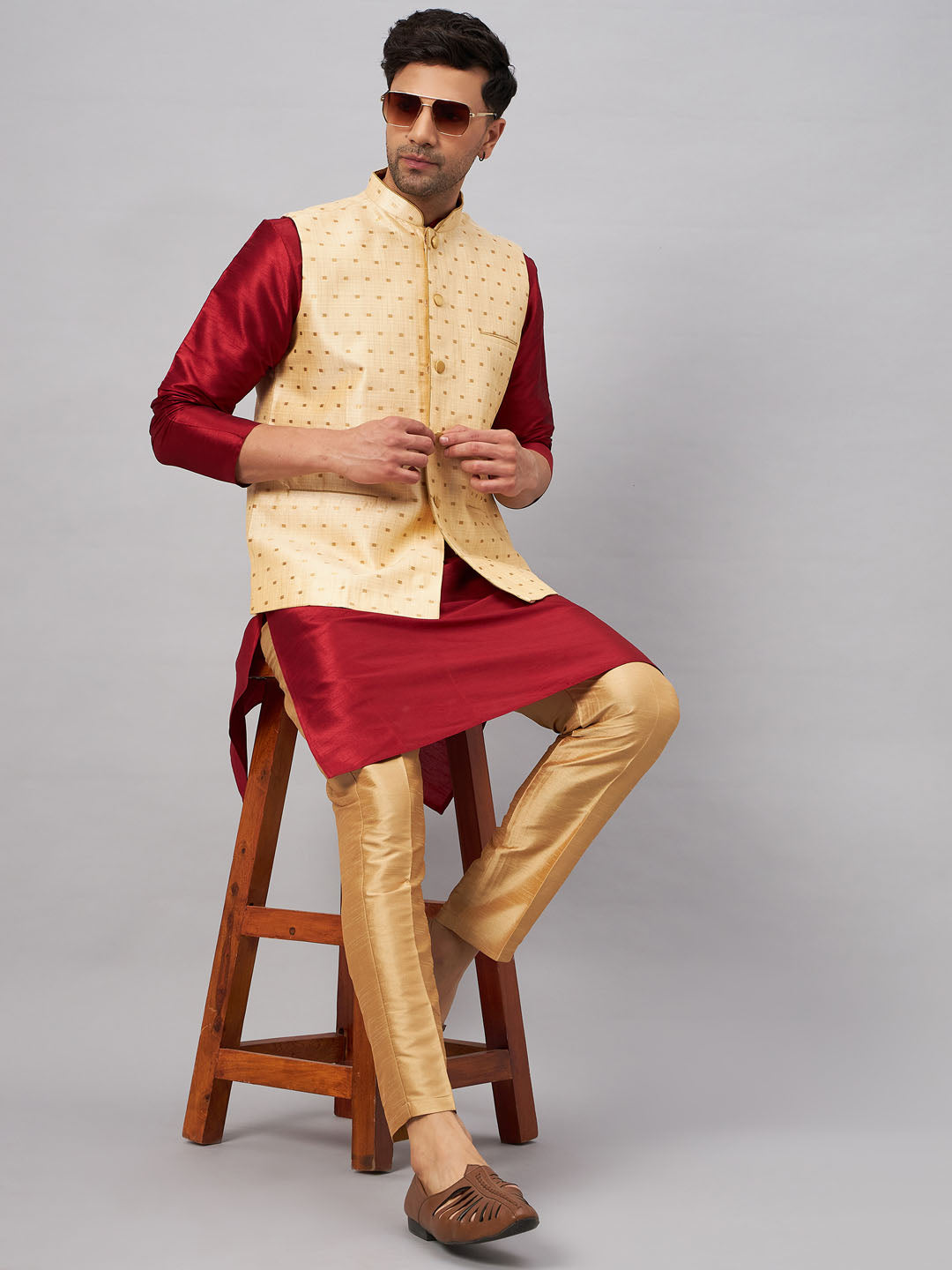 Men's Gold Zari Weaved Jacket With Kurta Pant Set