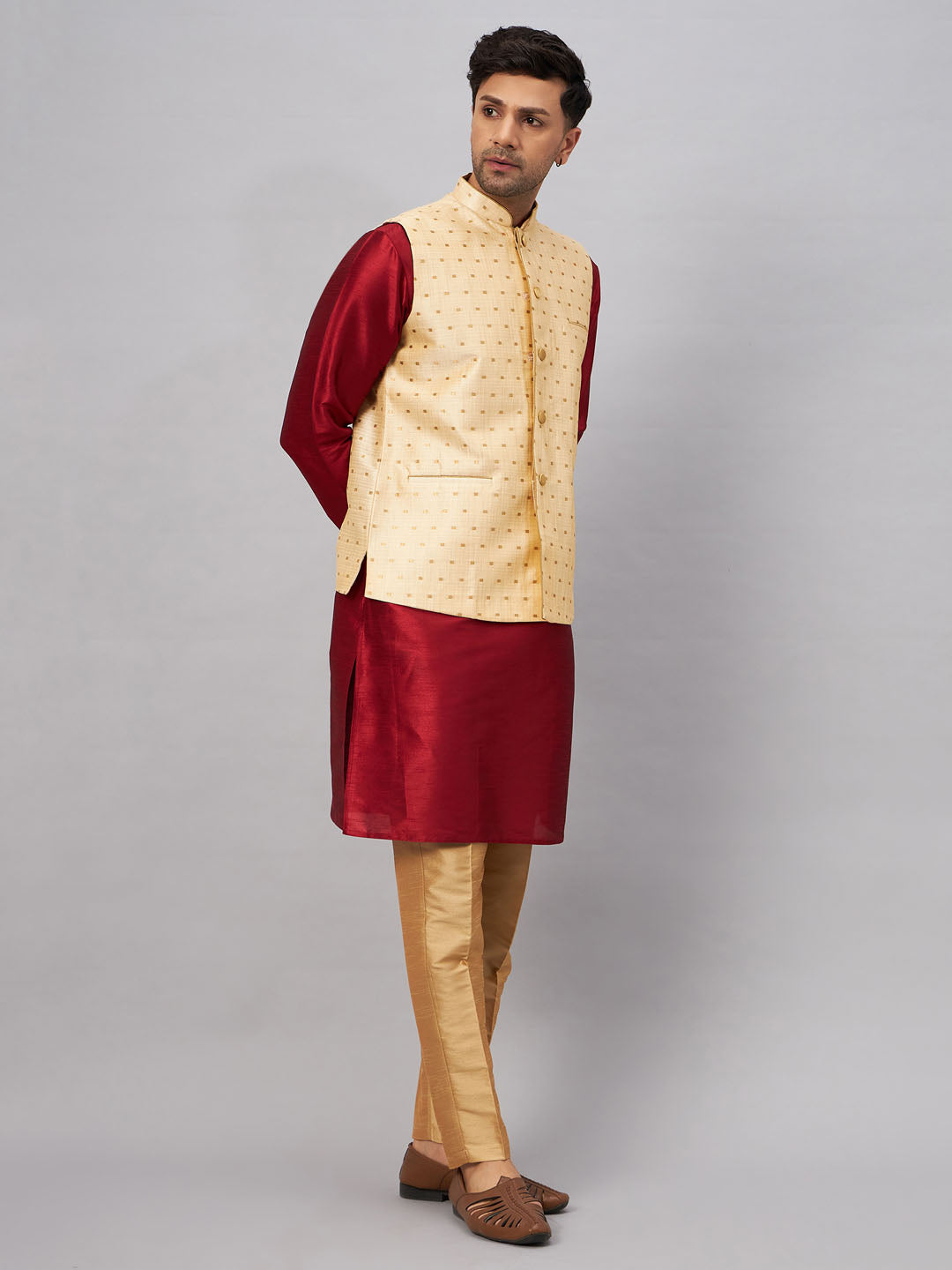 Men's Gold Zari Weaved Jacket With Kurta Pant Set