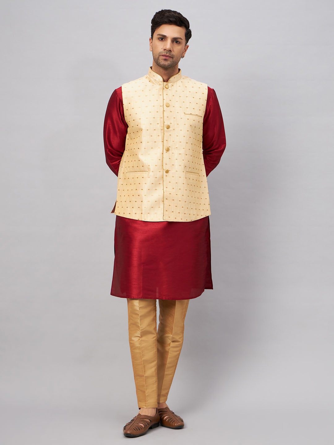 Men's Gold Zari Weaved Jacket With Kurta Pant Set