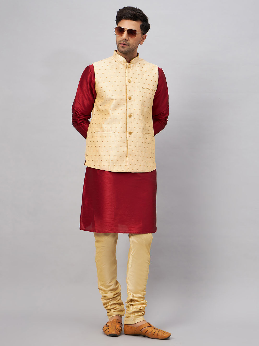 Men's Gold Zari Weaved Jacket With Kurta Pyjama Set