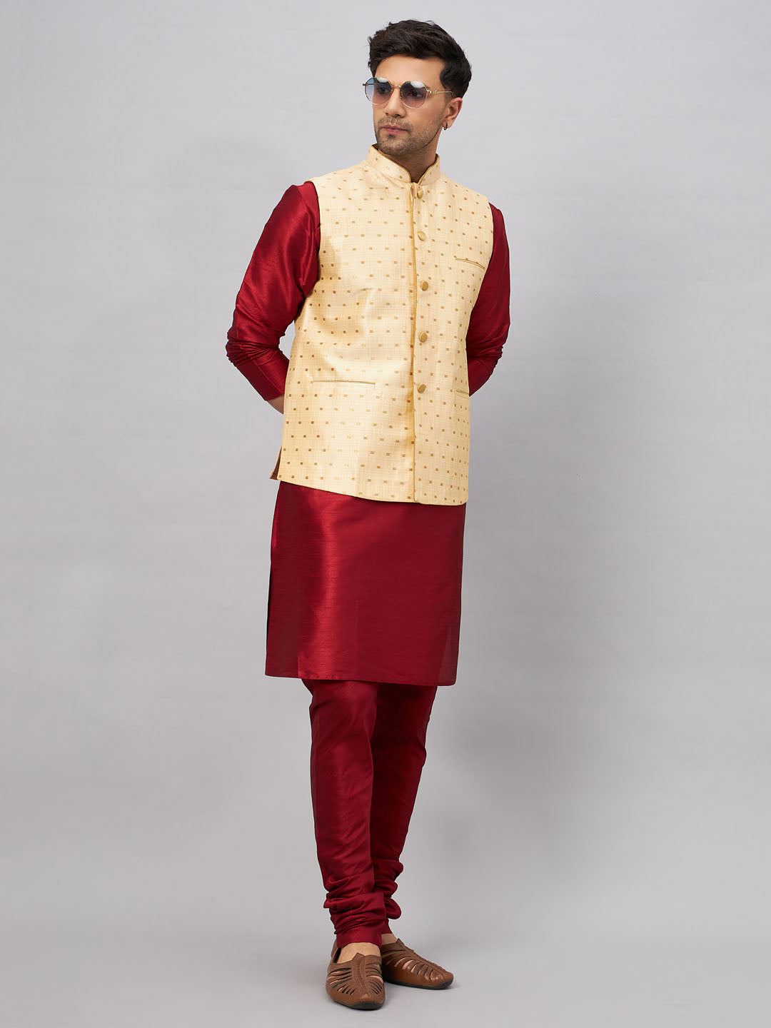 Men's Gold Zari Weaved Jacket With Kurta Pyjama Set