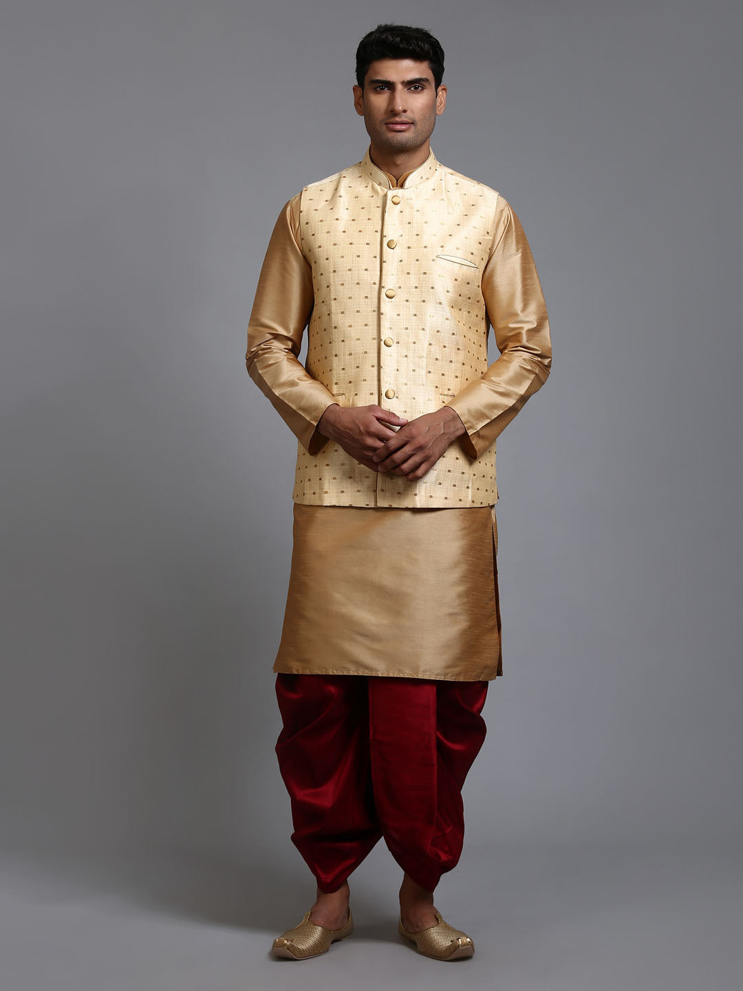 Men's Gold Zari Weaved Jacket With Kurta Dhoti Set