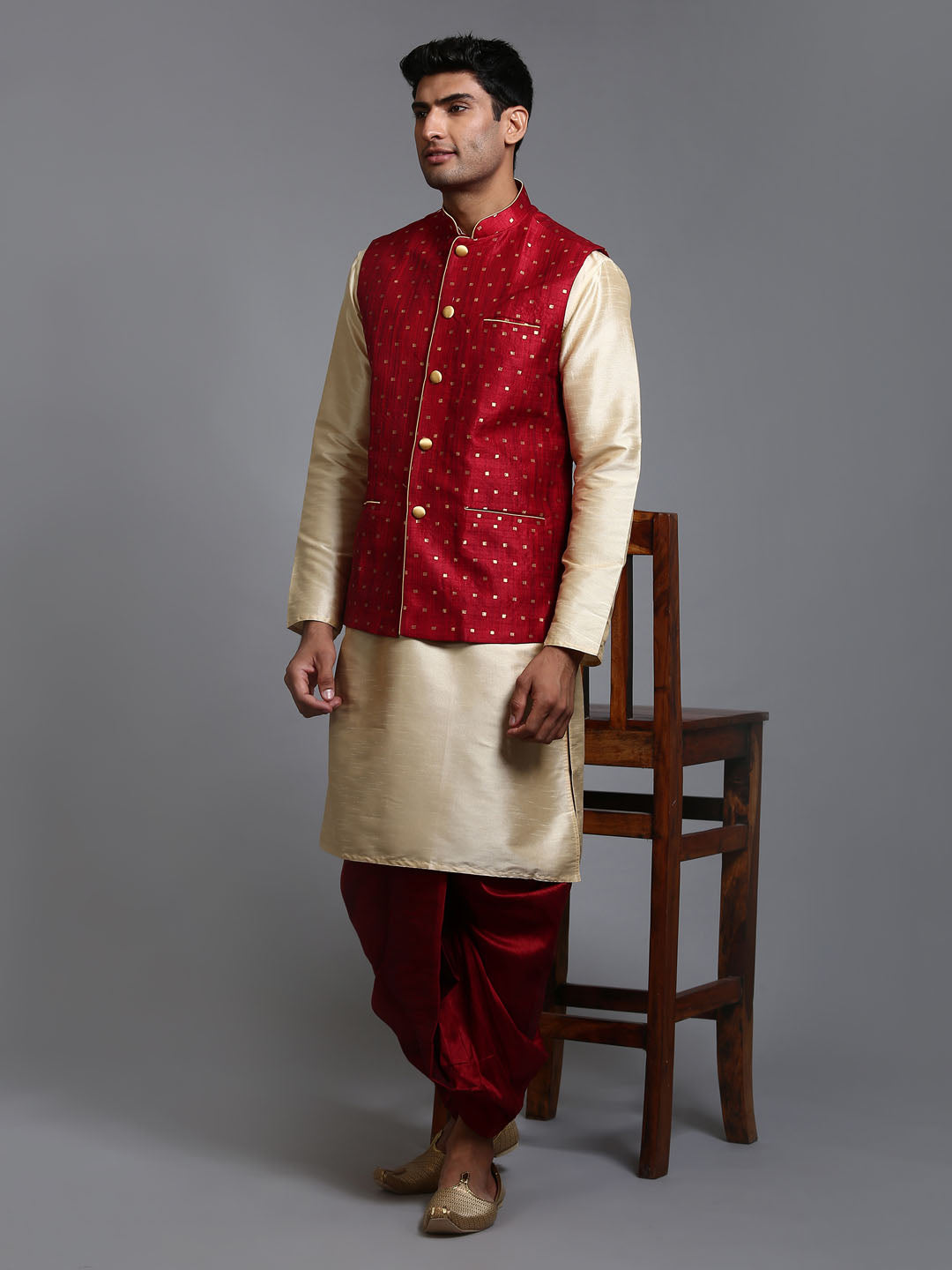 Men's Maroon Zari Weaved Jacket With Kurta Dhoti Set