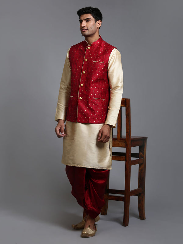 Men's Maroon Zari Weaved Jacket With Kurta Dhoti Set