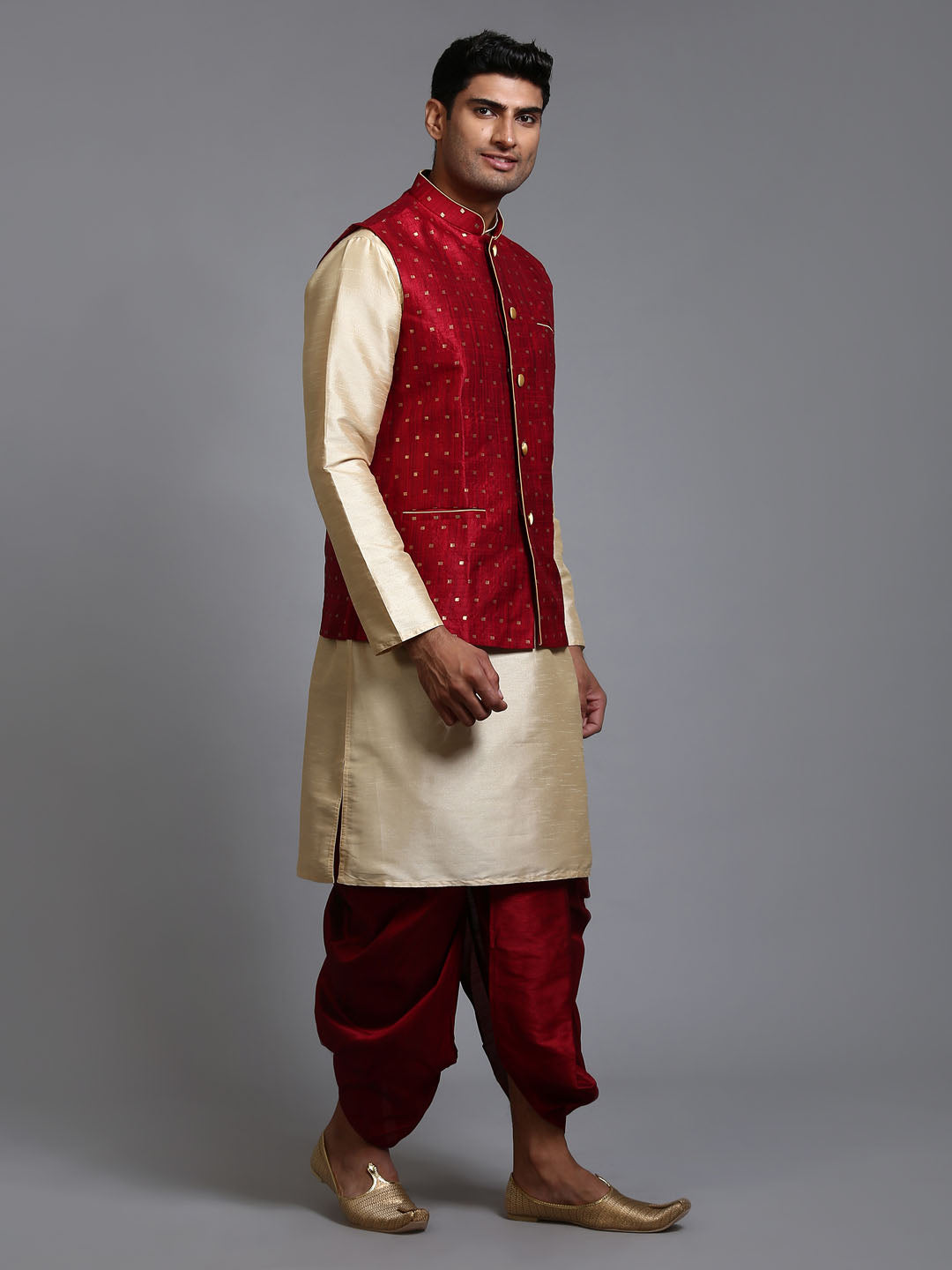 Men's Maroon Zari Weaved Jacket With Kurta Dhoti Set