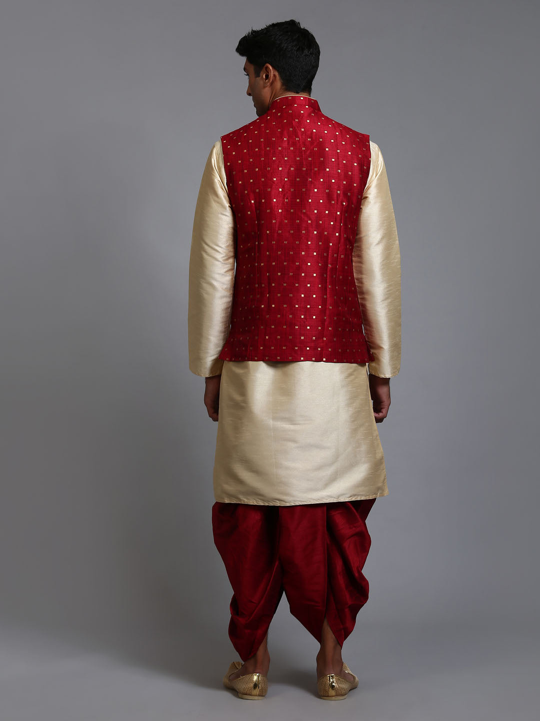 Men's Maroon Zari Weaved Jacket With Kurta Dhoti Set