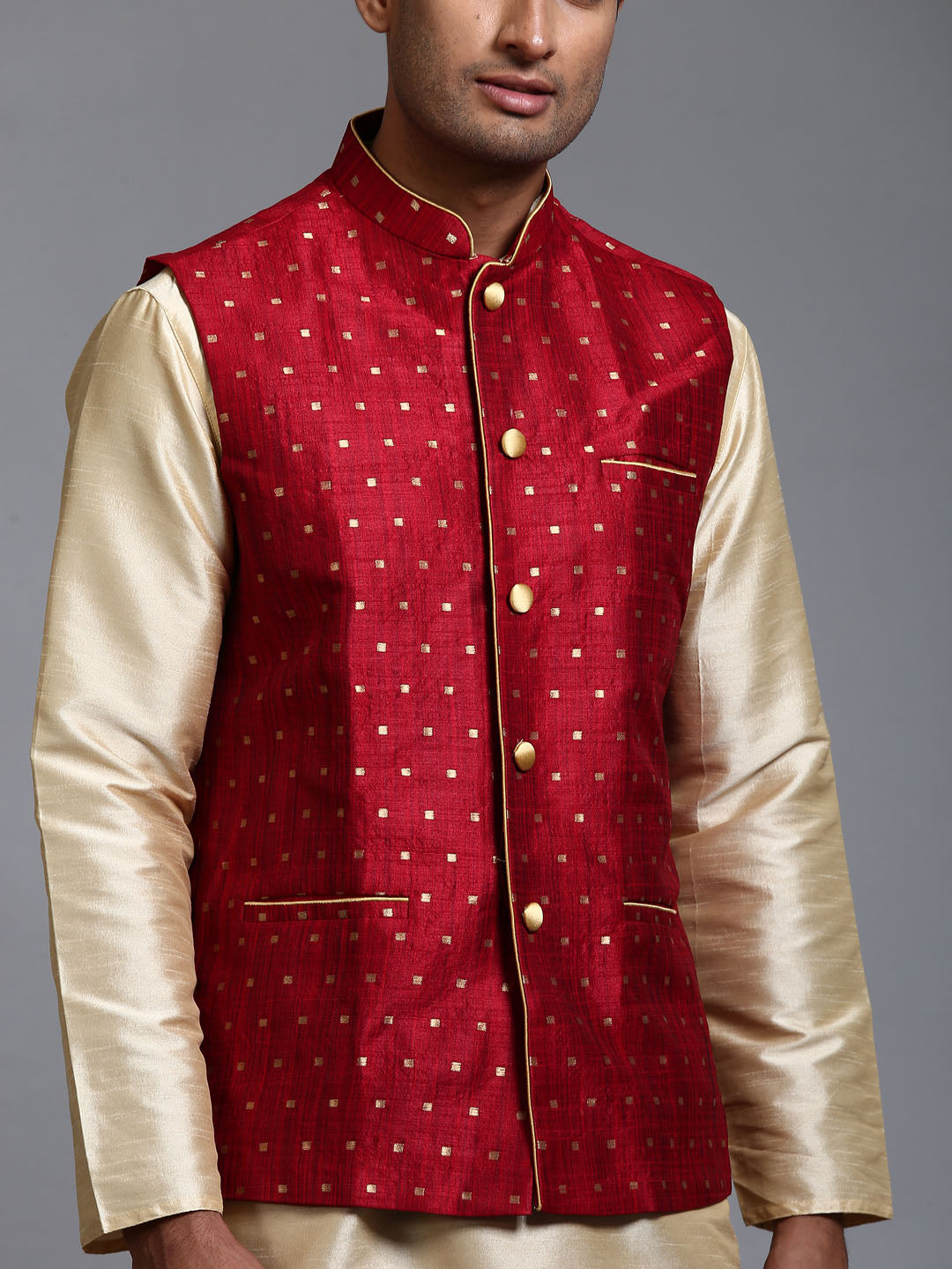 Men's Maroon Zari Weaved Jacket With Kurta Dhoti Set