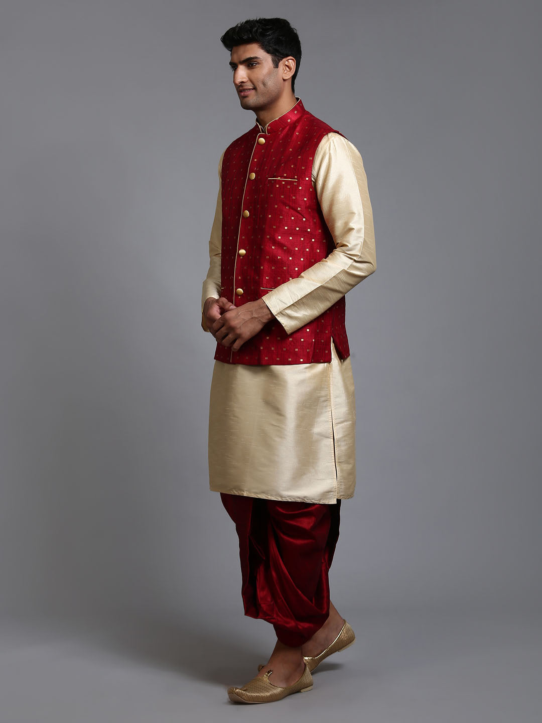 Men's Maroon Zari Weaved Jacket With Kurta Dhoti Set