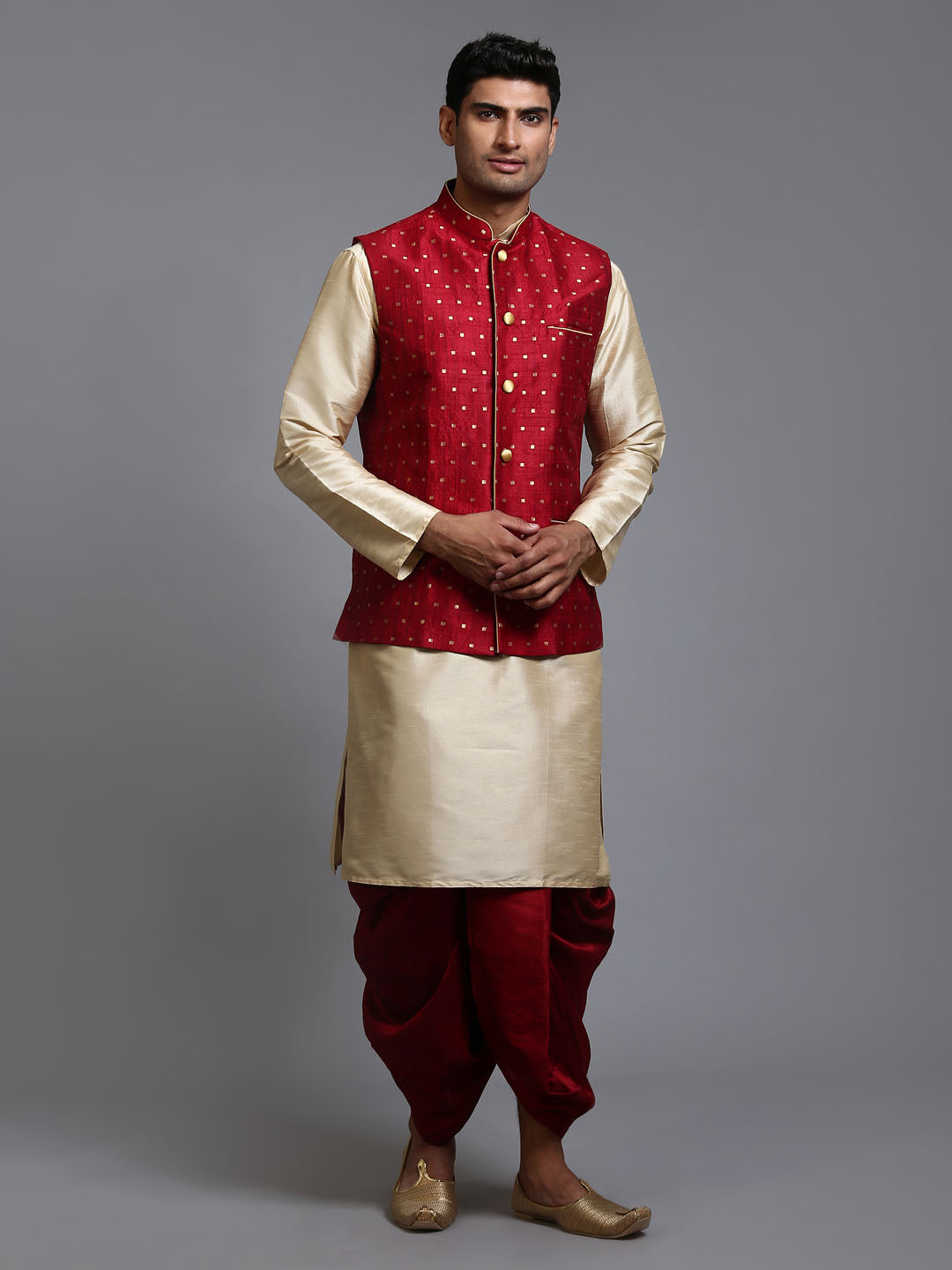 Men's Maroon Zari Weaved Jacket With Kurta Dhoti Set