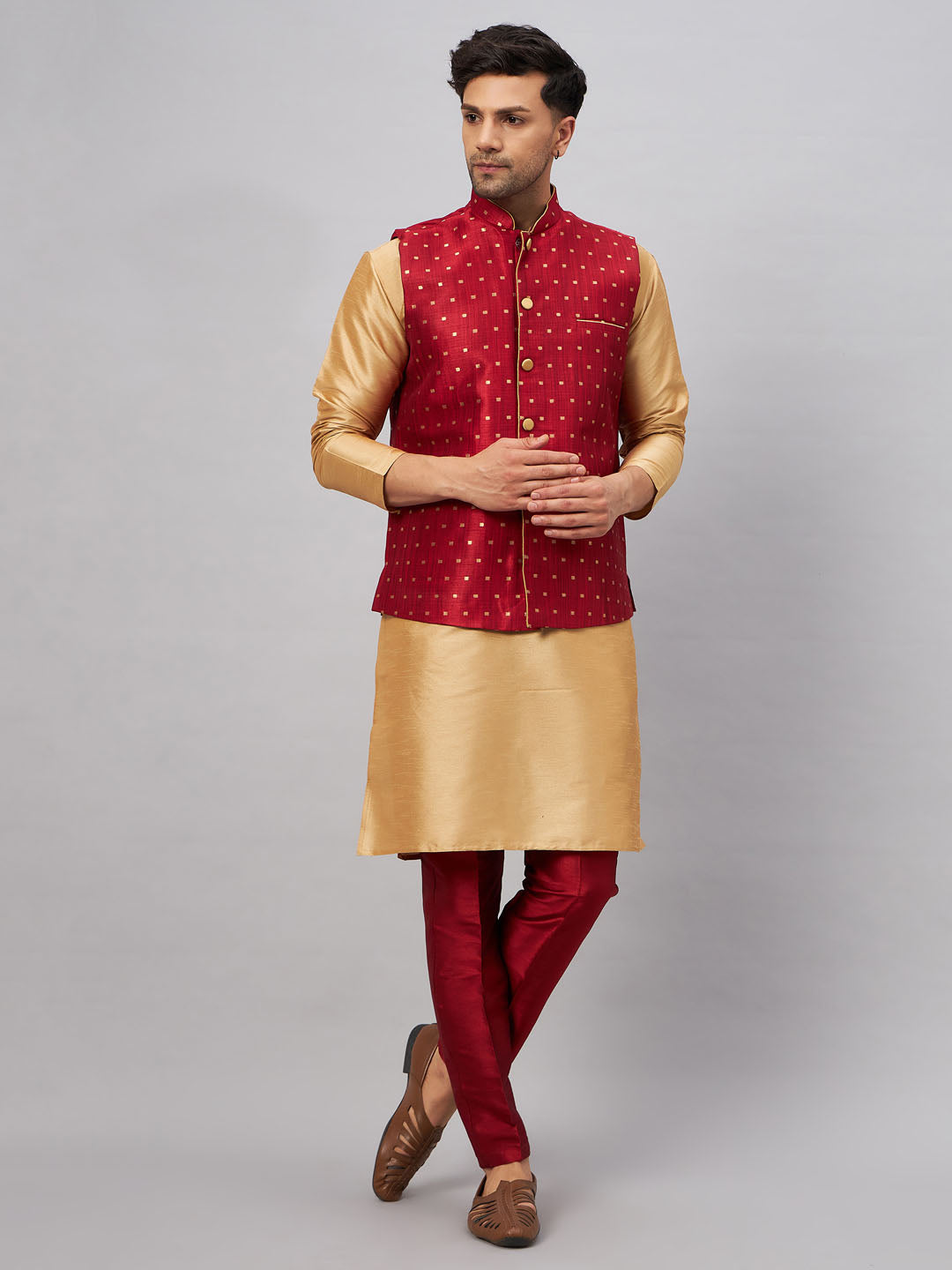 Men's Maroon Zari Weaved Jacket With Kurta Pant Set