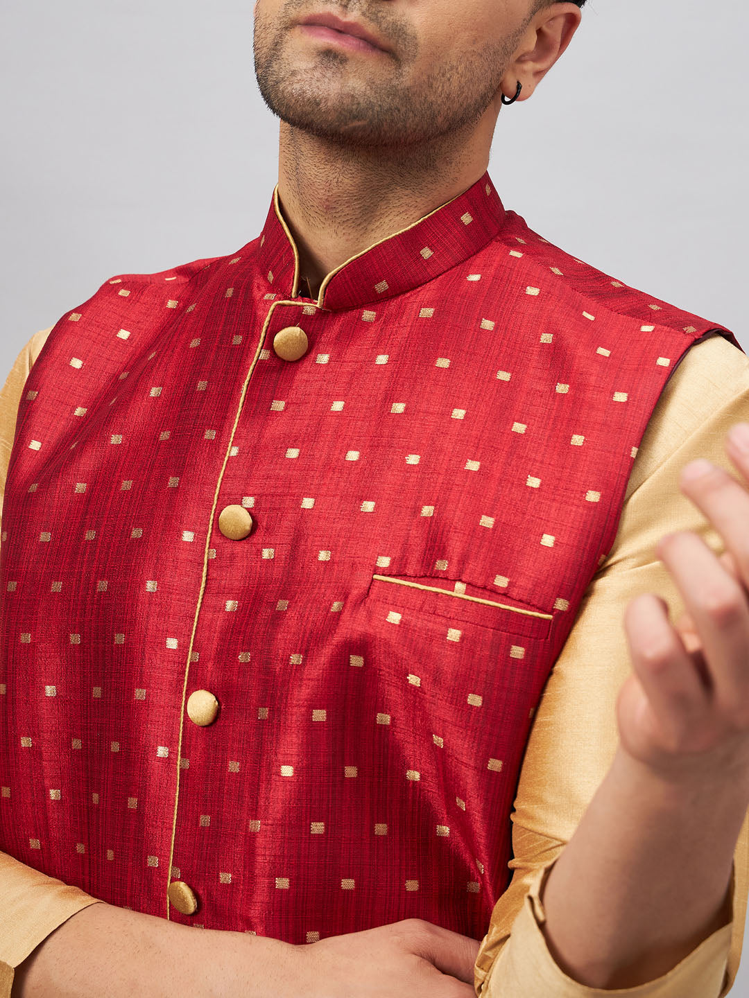 Men's Maroon Zari Weaved Jacket With Kurta Pant Set