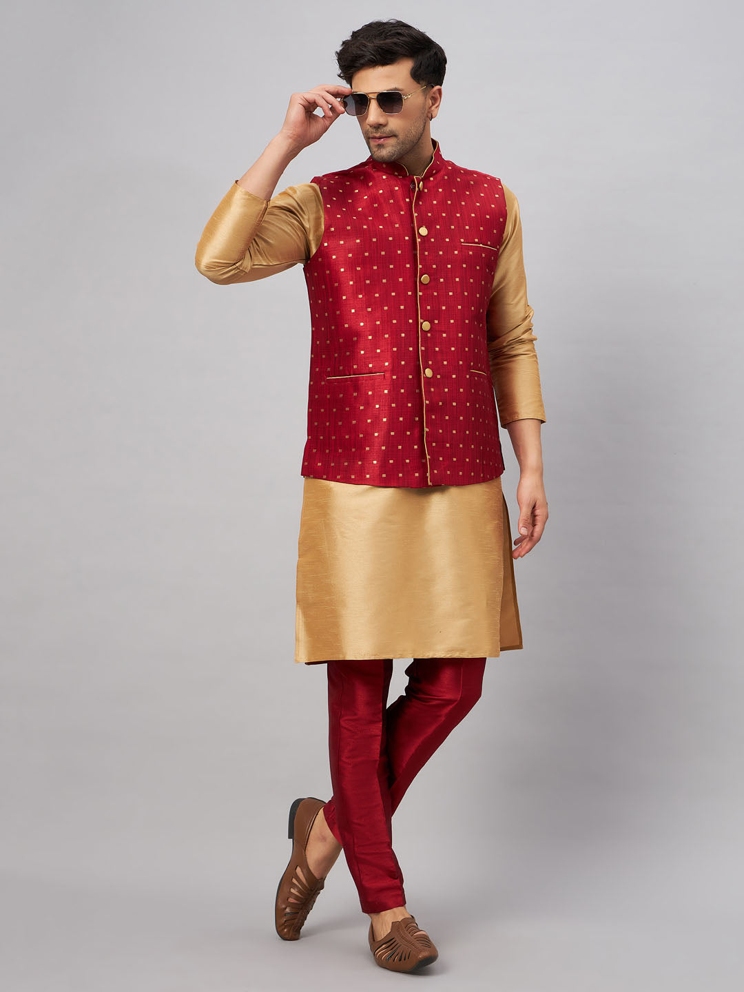 Men's Maroon Zari Weaved Jacket With Kurta Pant Set