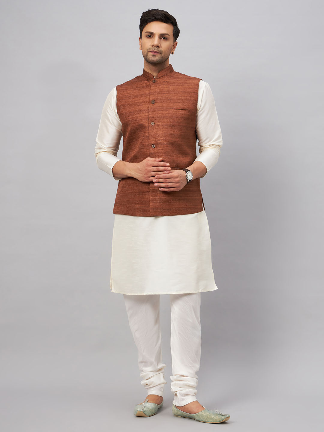 Men's Coffee Matka Silk Nehru Jacket With Cream Silk Blend Kurta Pyjama Set