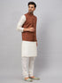 Men's Coffee Matka Silk Nehru Jacket With Cream Silk Blend Kurta Pyjama Set