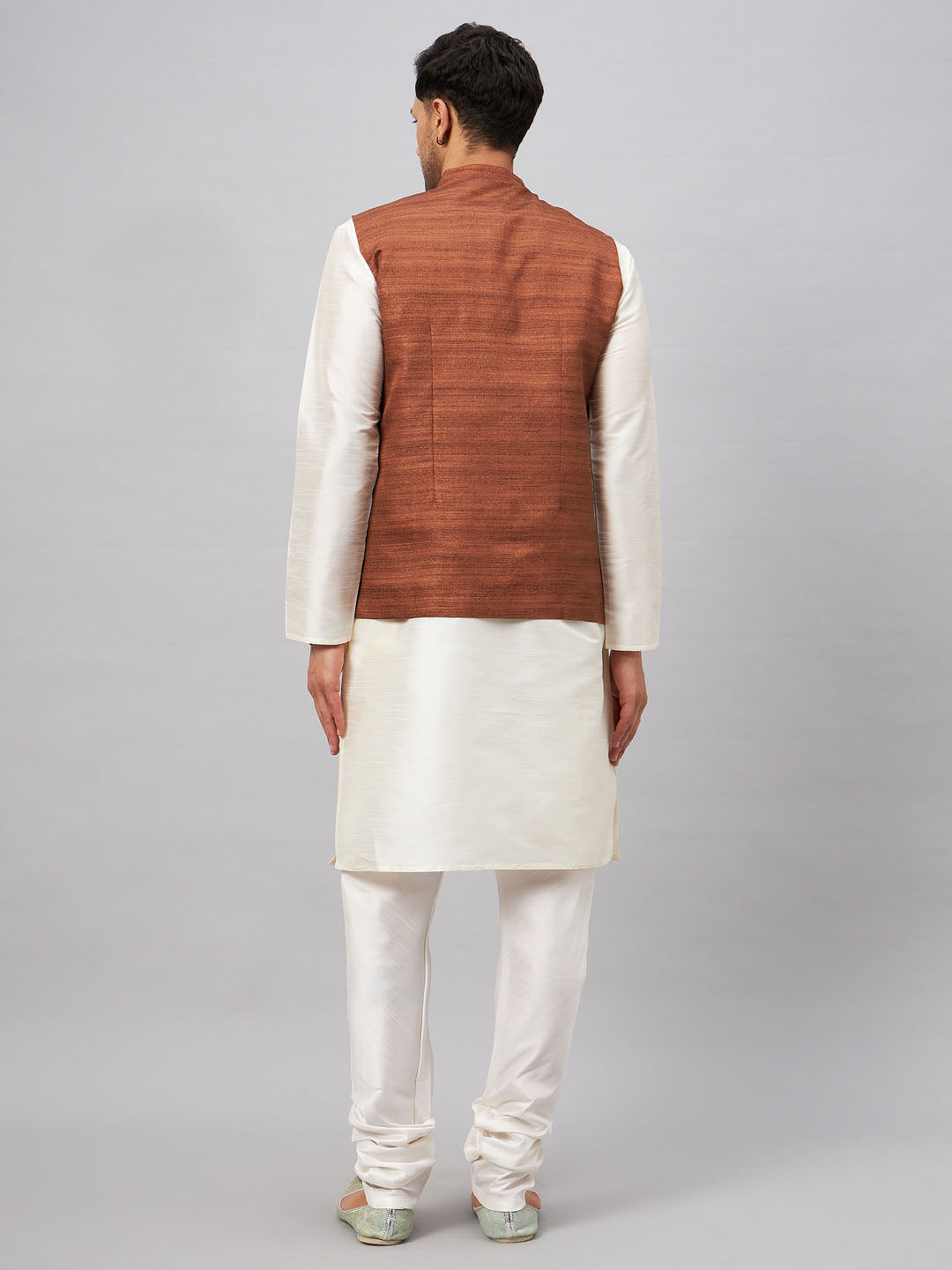 Men's Coffee Matka Silk Nehru Jacket With Cream Silk Blend Kurta Pyjama Set