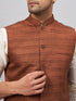 Men's Coffee Matka Silk Nehru Jacket With Cream Silk Blend Kurta Pyjama Set