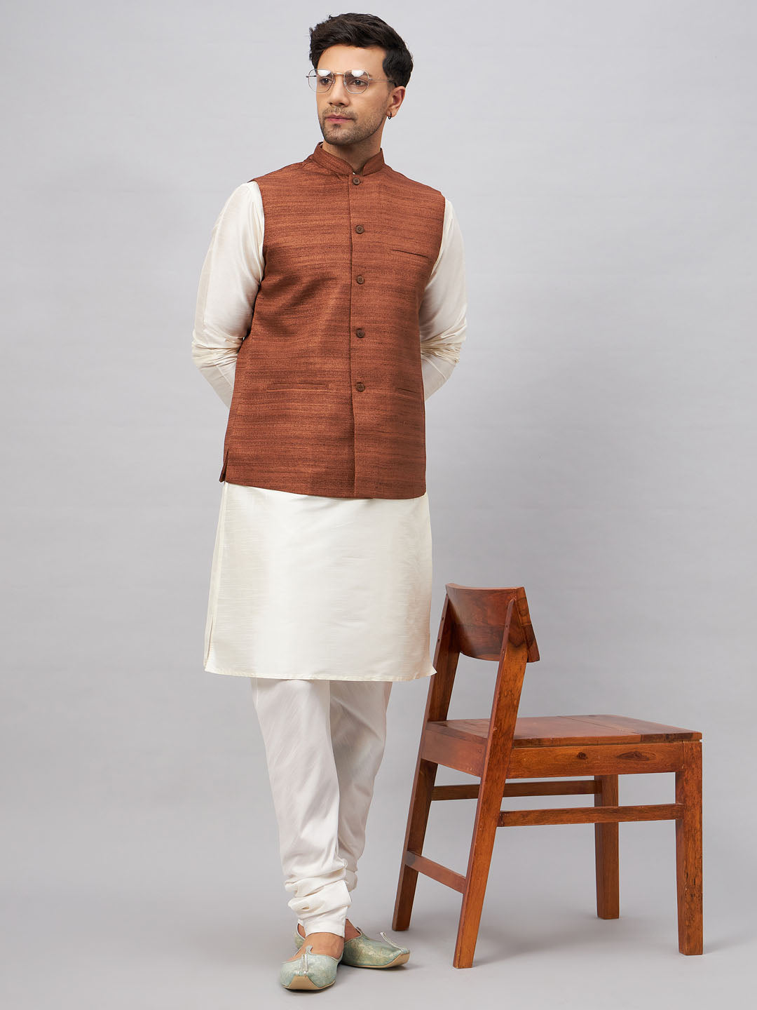 Men's Coffee Matka Silk Nehru Jacket With Cream Silk Blend Kurta Pyjama Set