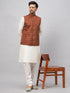 Men's Coffee Matka Silk Nehru Jacket With Cream Silk Blend Kurta Pyjama Set