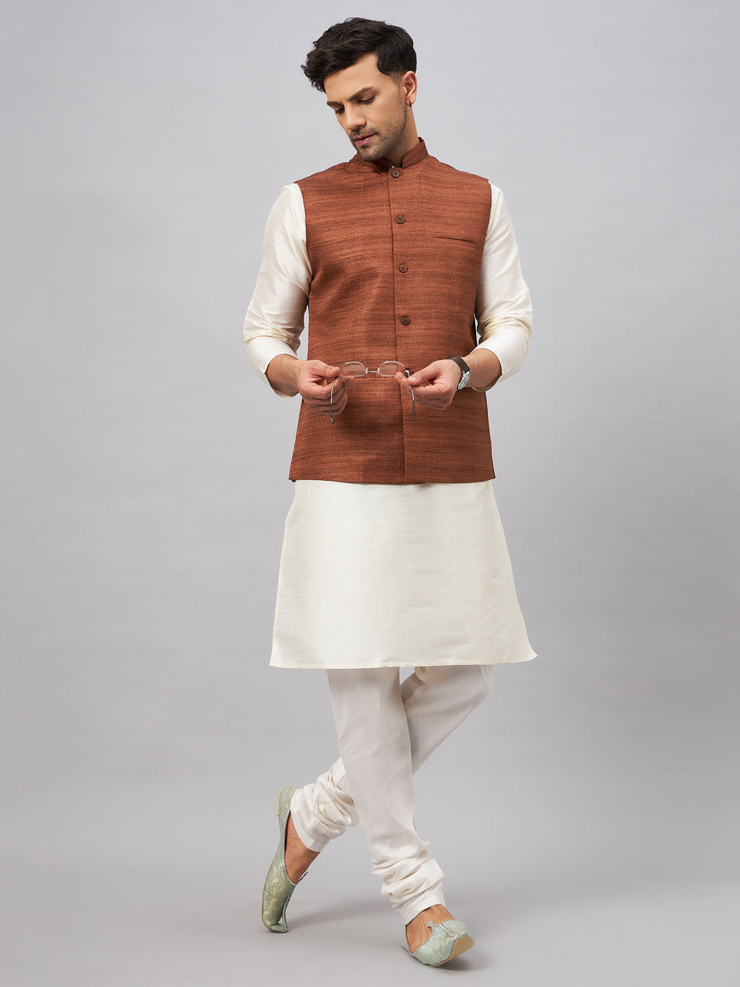 Men's Coffee Matka Silk Nehru Jacket With Cream Silk Blend Kurta Pyjama Set