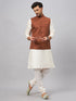 Men's Coffee Matka Silk Nehru Jacket With Cream Silk Blend Kurta Pyjama Set
