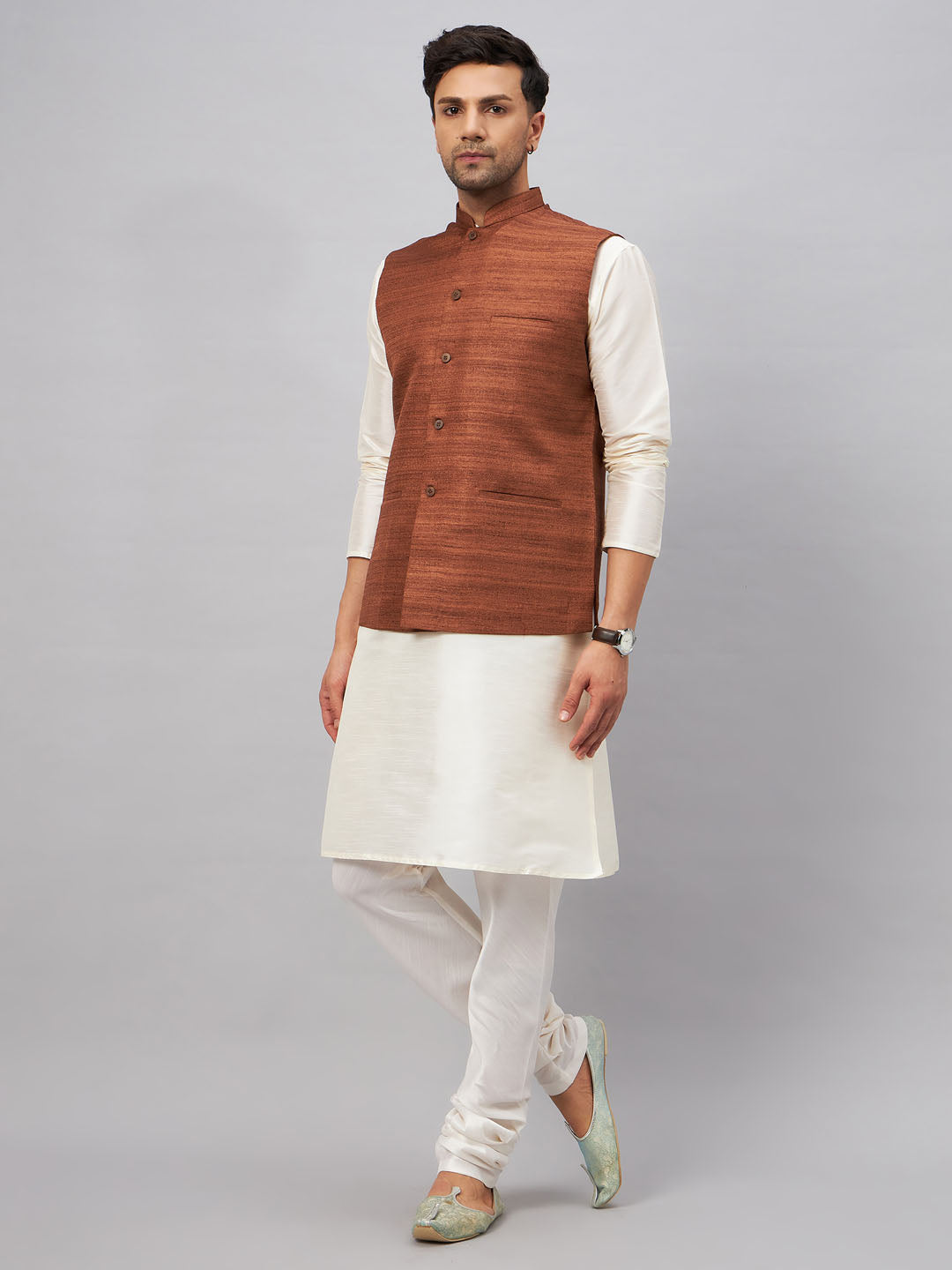 Men's Coffee Matka Silk Nehru Jacket With Cream Silk Blend Kurta Pyjama Set