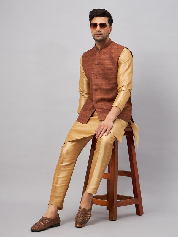 Men's Coffee Jacket With Rose Gold Kurta And Pant Set