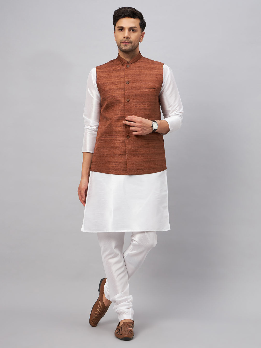 Men's Coffee Matka Silk Nehru Jacket With White Silk Blend Kurta Pyjama Set