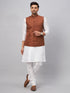 Men's Coffee Matka Silk Nehru Jacket With White Silk Blend Kurta Pyjama Set