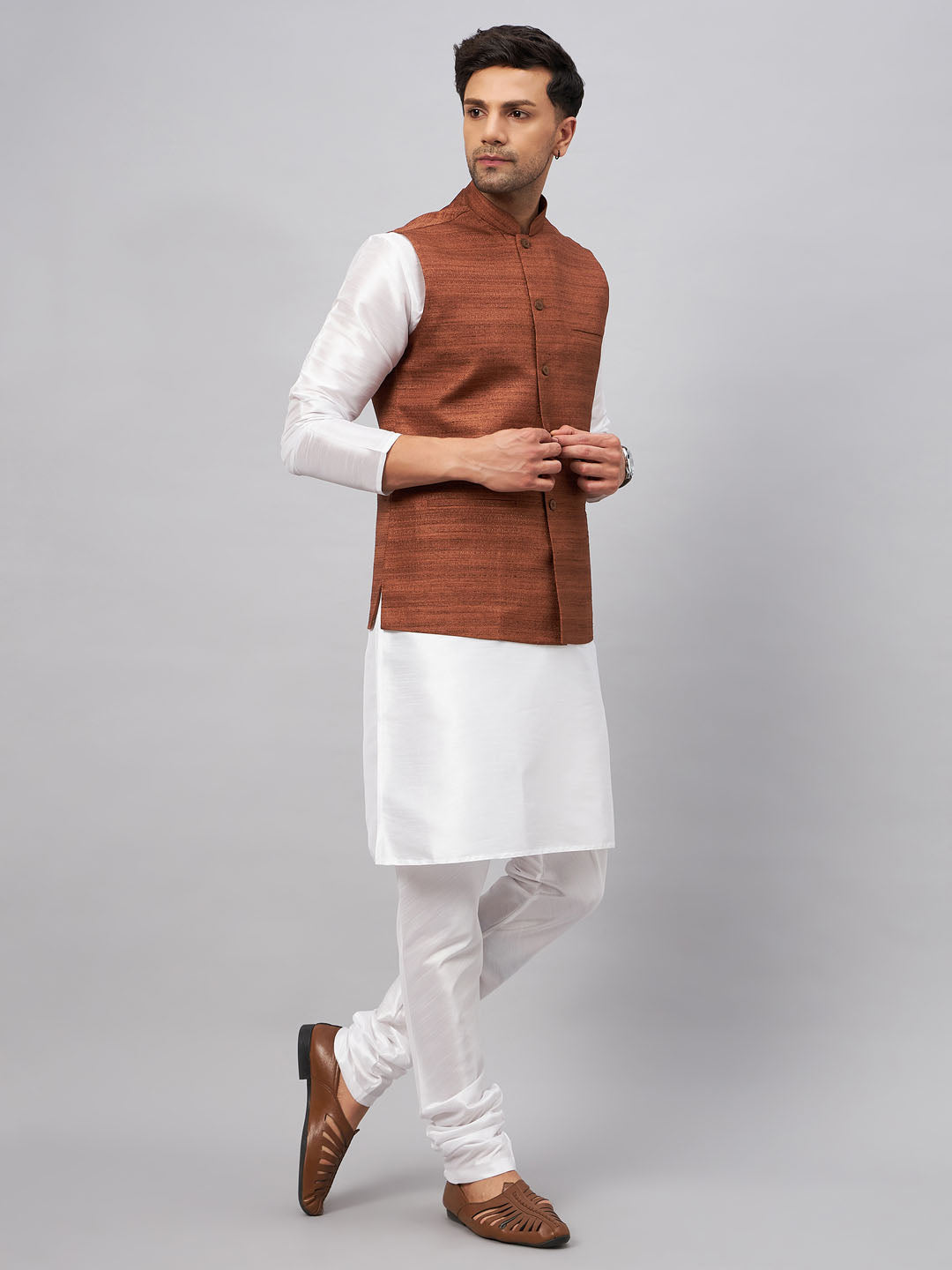Men's Coffee Matka Silk Nehru Jacket With White Silk Blend Kurta Pyjama Set