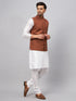 Men's Coffee Matka Silk Nehru Jacket With White Silk Blend Kurta Pyjama Set
